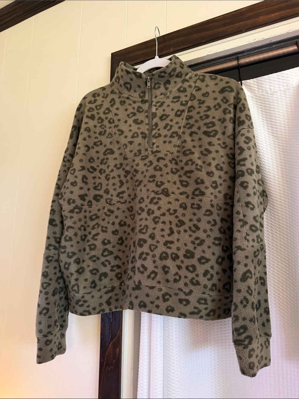 Olive Leopard Print Half-Zip Fleece Pullover